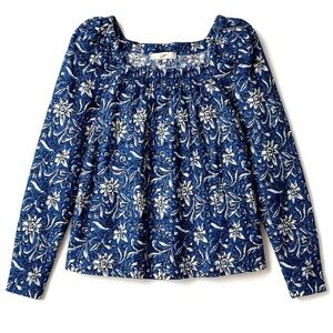 LOFT Blue White Black Floral Square Neck Puff Sleeve Top Cottagecore Boho SZ S